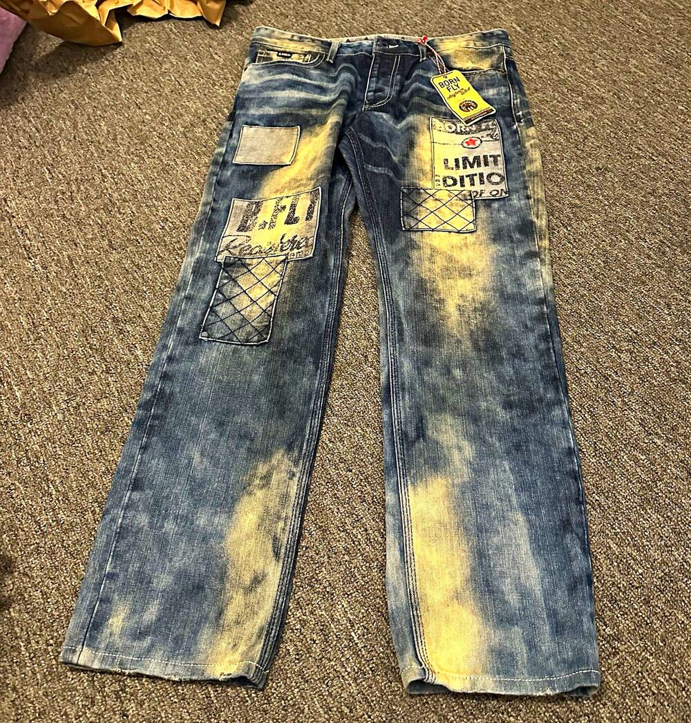 born fly limited edition patches jeans acid wash size 34